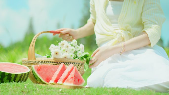 夏日 女性 蓝天白云 雏菊 西瓜 草地