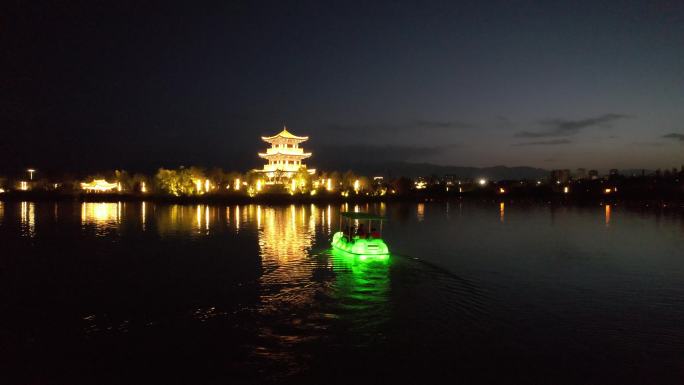 公园水面建筑夜景天马湖四坝海子酒泉