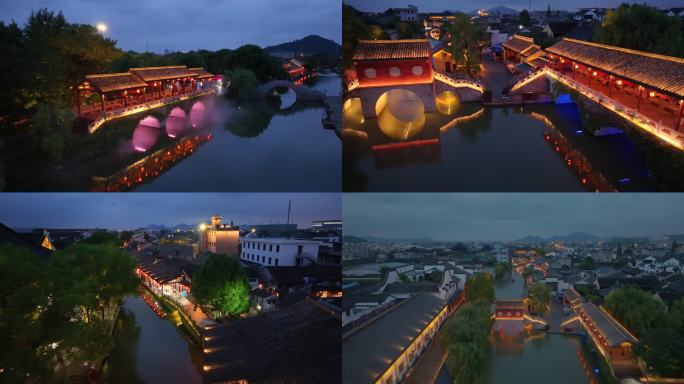 江南古镇夜景4K航拍 绵绵细雨