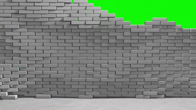 白色砖墙破坏地震在绿色色度键背景