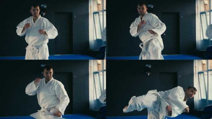 跆拳道训练，穿白色制服的男子练习出拳和回旋踢