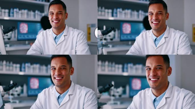 科学家，实验室里的人，微笑着面对，医学研究和创新与科学研究和病理学。肖像，快乐男医生和科学实验保健专