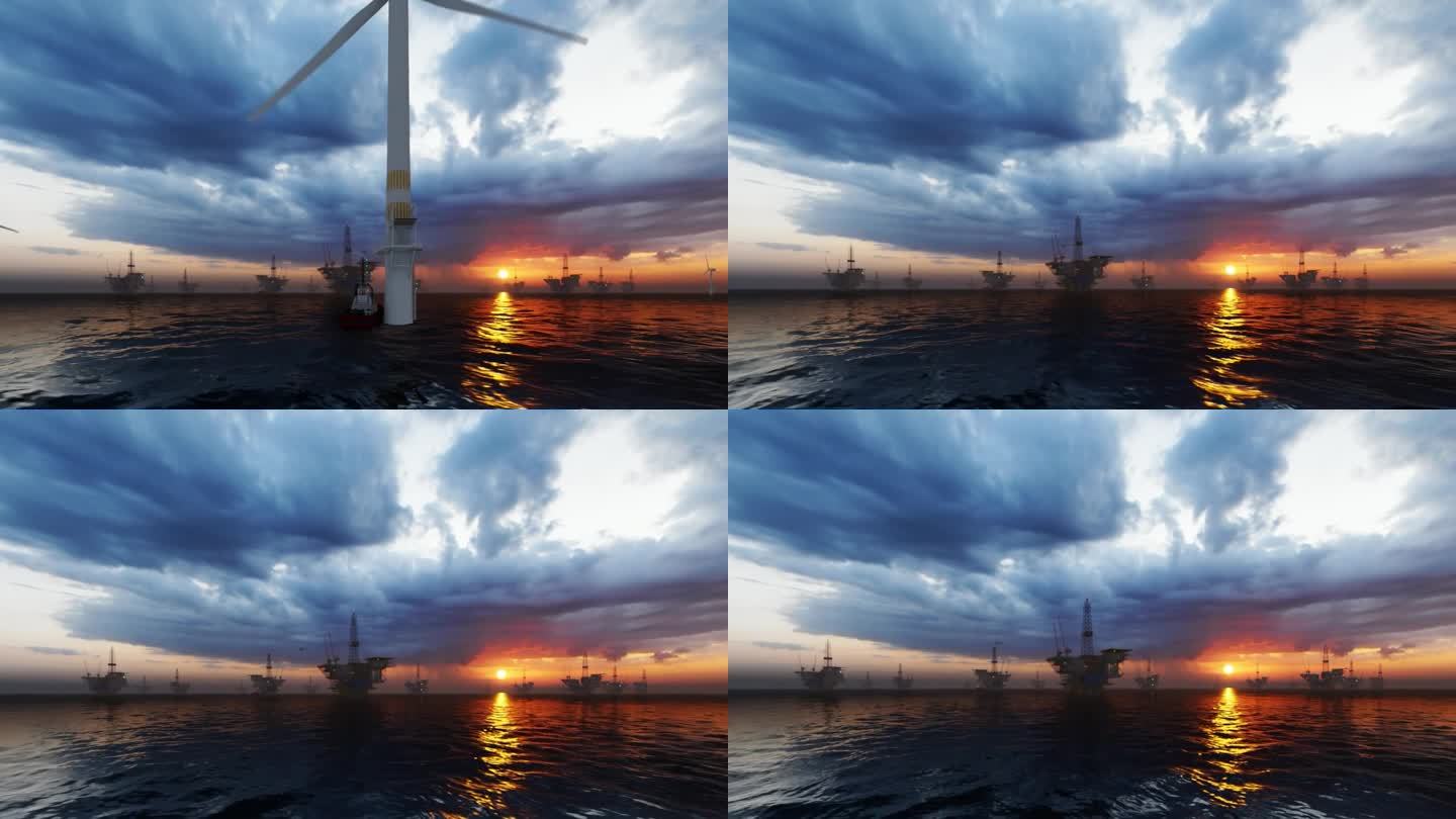 日落时分，从海上风力涡轮机飞向石油钻井平台