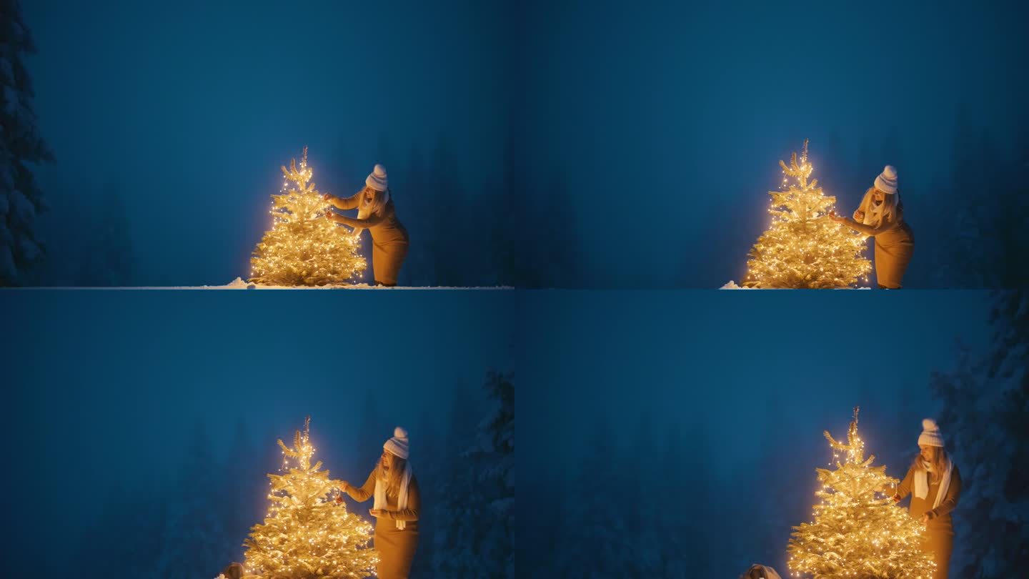 白雪覆盖的林间空地上，一名妇女用小饰物装饰圣诞树
