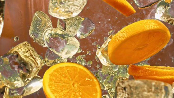 柑橘橙片和冰块在橙色背景上飞行或坠落，慢动作1000fps垂直拍摄。新鲜多汁的橙子和果汁冰块和水滴飞