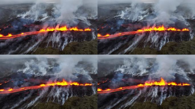 火山喷发，炽热炽热的熔岩从地面喷出，活火山火山口鸟瞰图