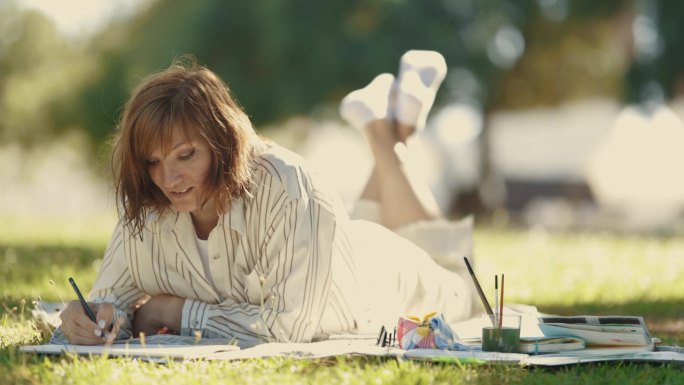 一位女画家躺在草地上，微笑着在速写本上画画
