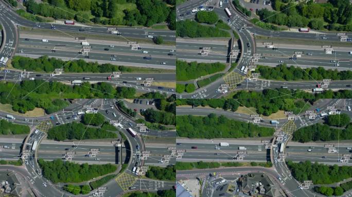 互联无人驾驶或自动驾驶汽车鸟瞰图。经过高速公路的车辆。小车和速度信息显示。未来的交通工具。物联网。人