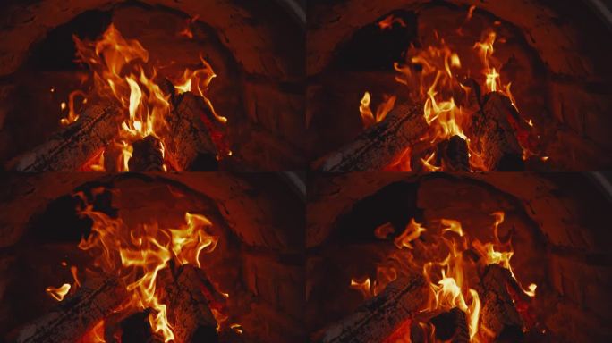 LS传统砖制烤炉中柴火的火焰