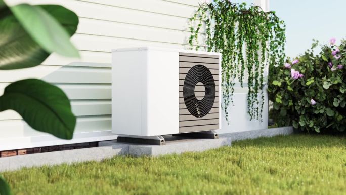 动画逼真的3d渲染的虚拟空气源热泵与旋转风扇安装在一个房子外面的混凝土基础上。花园里的玫瑰丛，灯盏花