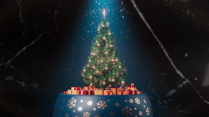 雪花玻璃球上的圣诞树正在转动——放大