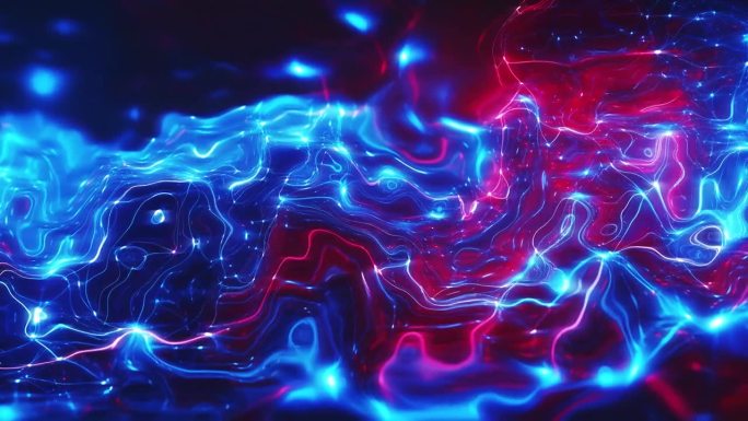 抽象慢动作蓝红色流体墨水运动的背景，充满活力的彩色油漆漩涡和波浪流动的形式。