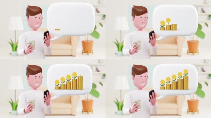 3d动画商业卡通人拿着咖啡在智能手机上检查用语音泡金币长大。网上购物，省钱理财。
