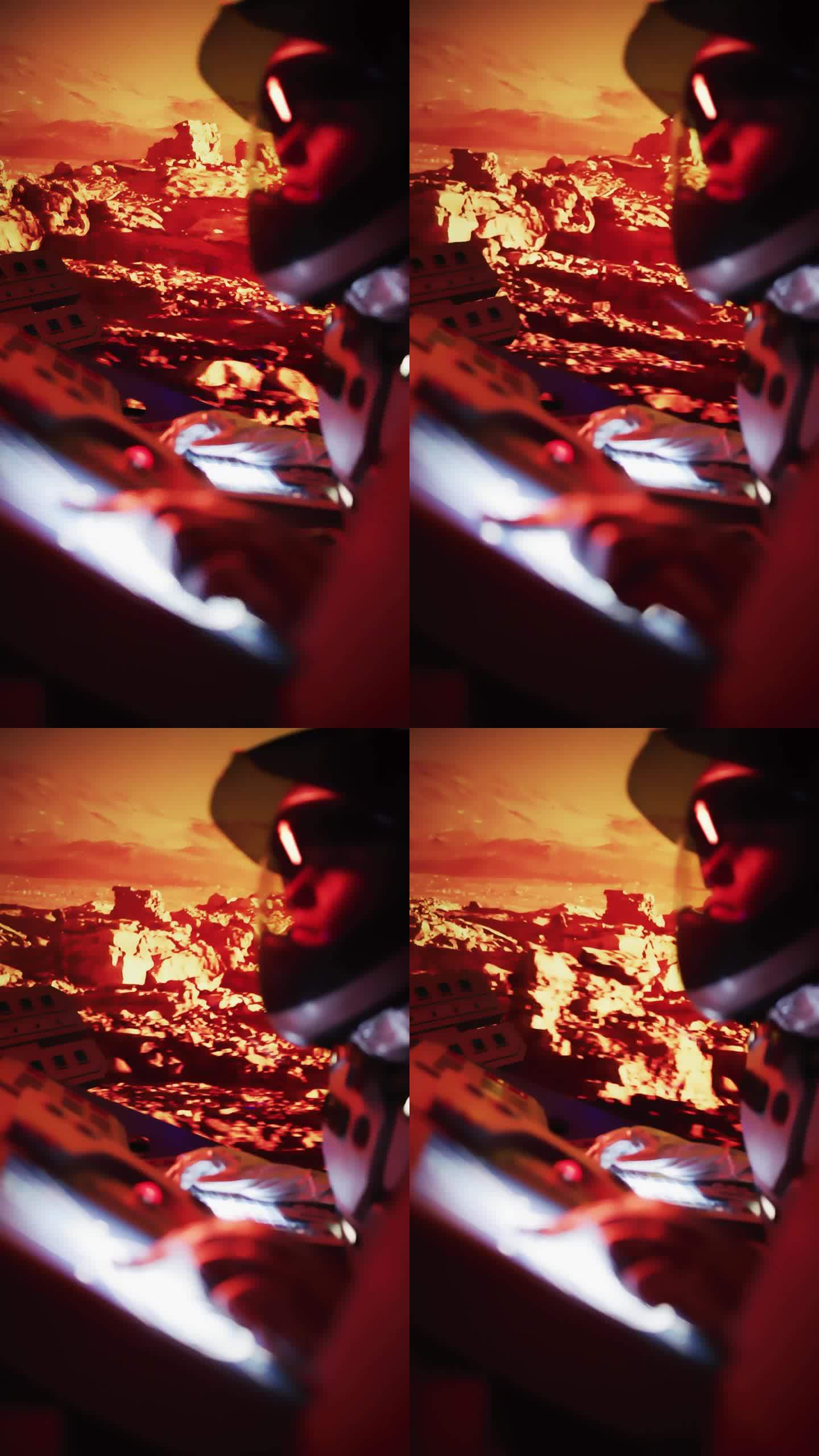 火星表面探测。宇航员驾驶摇晃的火星探测器。手指按在触摸控制面板上垂直视频