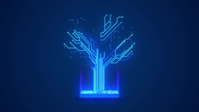 生长中的电路板树。蓝色发光电路板电子高科技成长树。数字树。未来技术区块链概念。
