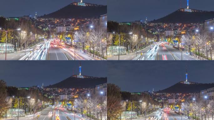 韩国首尔4K延时拍摄，秋天从绿沙坪桥上看梨泰院的城市天际线