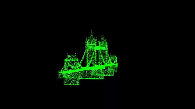 3D伦敦塔桥在黑色背景上旋转。由闪闪发光的微粒构成的物体。建筑旅游概念。用于标题，文本，演示。3d动
