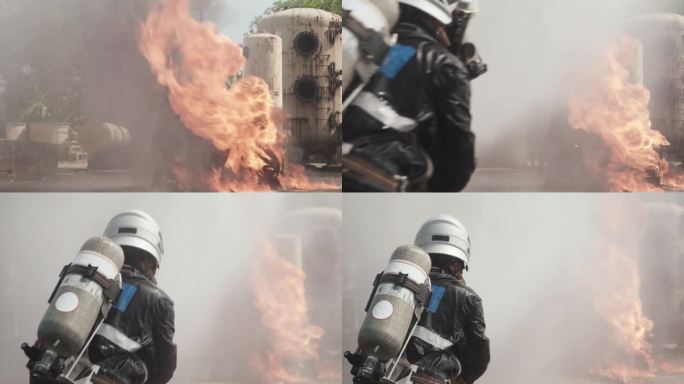 消防队员喷水灭火特写空镜火焰