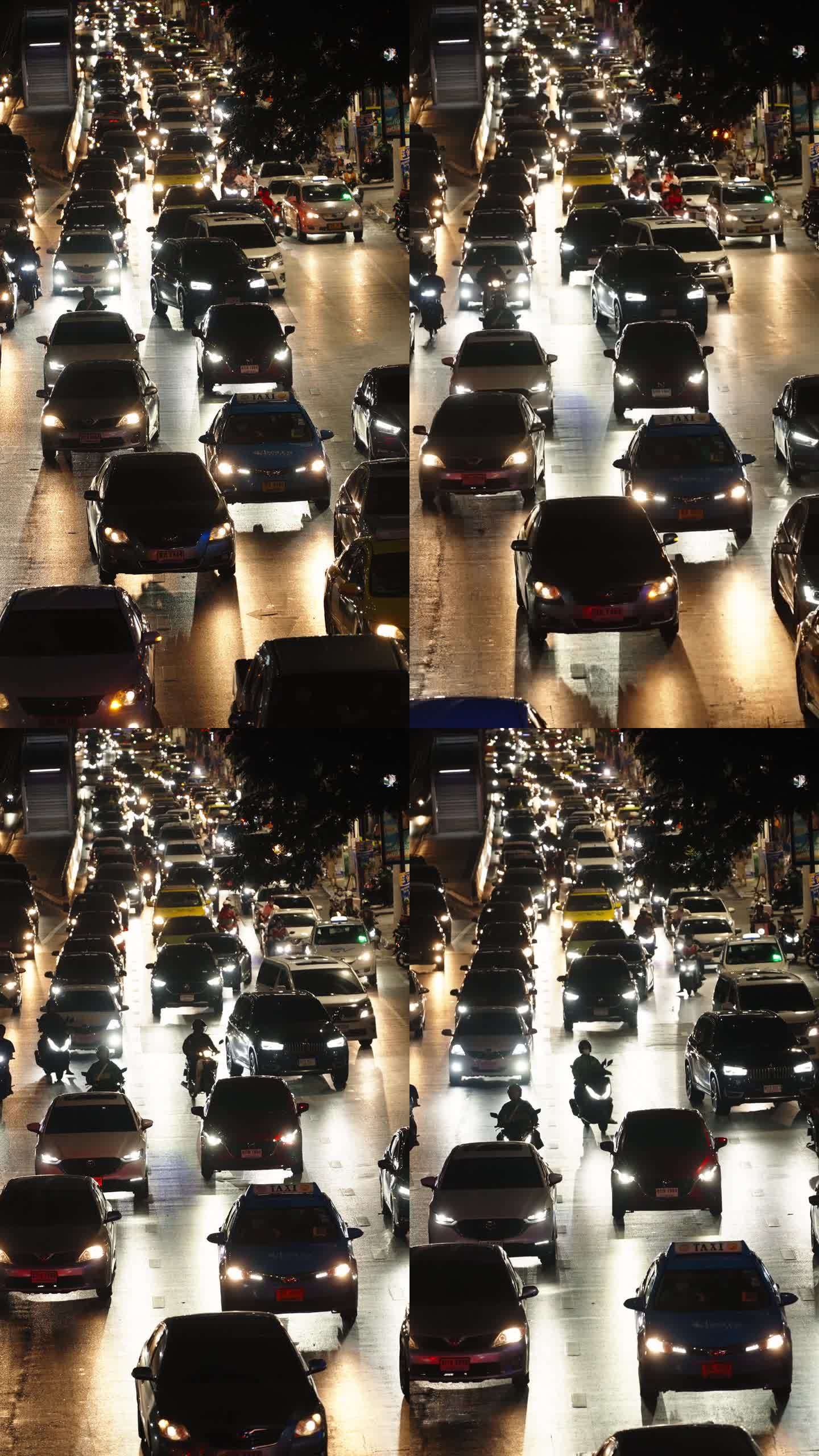 曼谷的城市街道在夜间交通繁忙