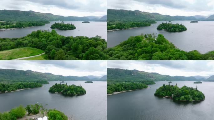 鸟瞰日落时分美丽的大湖和岛屿(德文特湖，英格兰湖区)