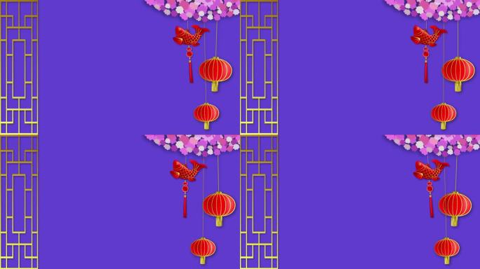 动画中国新年贺卡和横幅与空间文字与中国红金灯在紫色的背景。用于传单，邀请函，海报，小册子，日历。