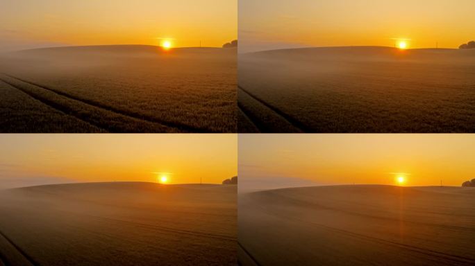 无人机拍摄的日落在农村麦田