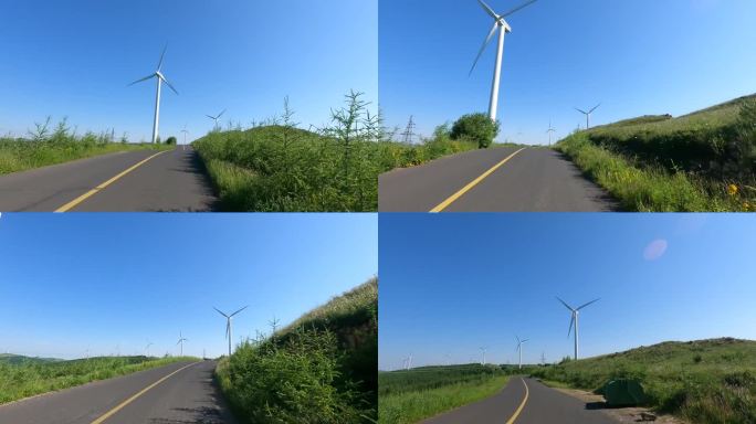 4K，实时拍摄，中国，沿着松林公路行驶，穿过风力涡轮机