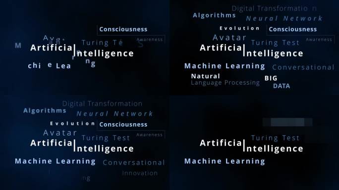 人工智能标签云和词云与人工智能术语，如神经网络，图灵测试，机器学习，自然语言处理或算法数字化转换