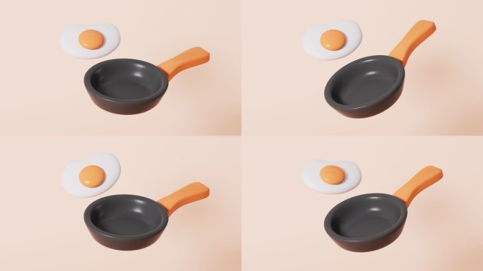 卡通厨房平底锅和荷包蛋在白色背景视频，3d渲染。