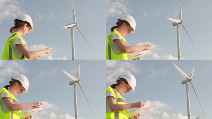 一名妇女在风力涡轮机的生态电力领域取得了专业知识。保护环境，保护气候，防止全球变暖的理念