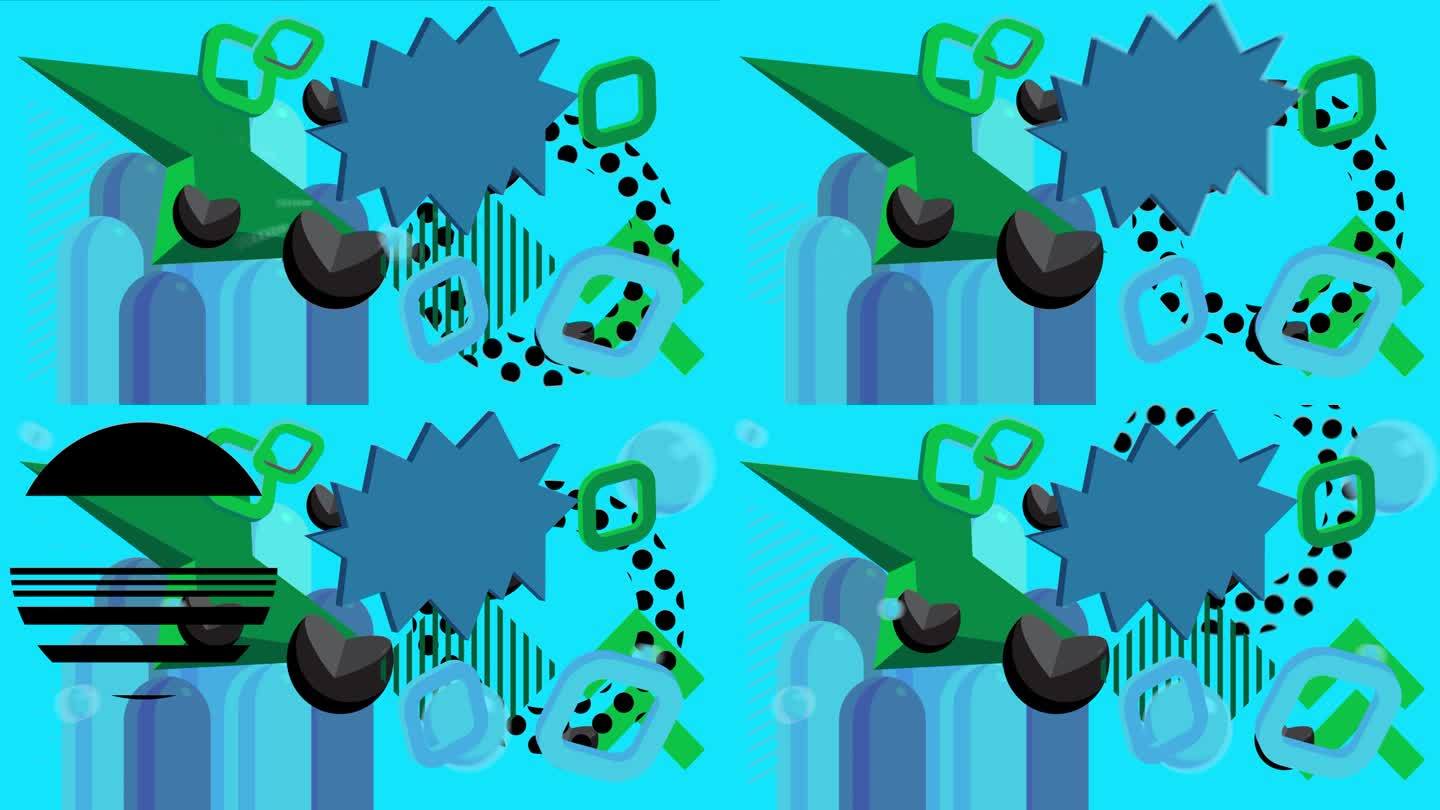 繁忙的黑色，蓝色和绿色几何形状背景视频模板。