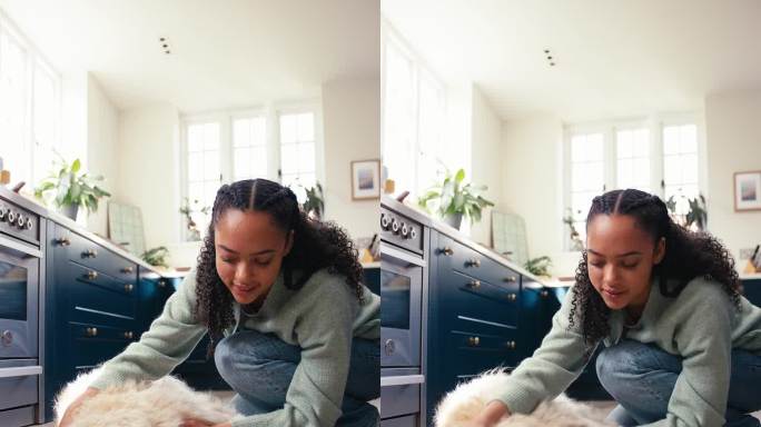 垂直视频十几岁的女孩在家里的厨房抚摸宠物金毛猎犬躺在地板上