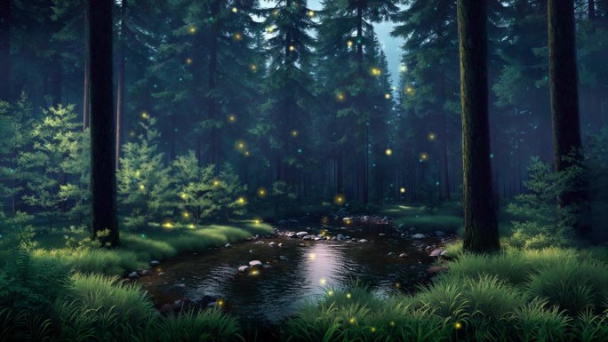 薄雾朦胧的黄昏，森林河上的魔法精灵灯