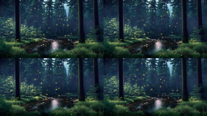 薄雾朦胧的黄昏，森林河上的魔法精灵灯