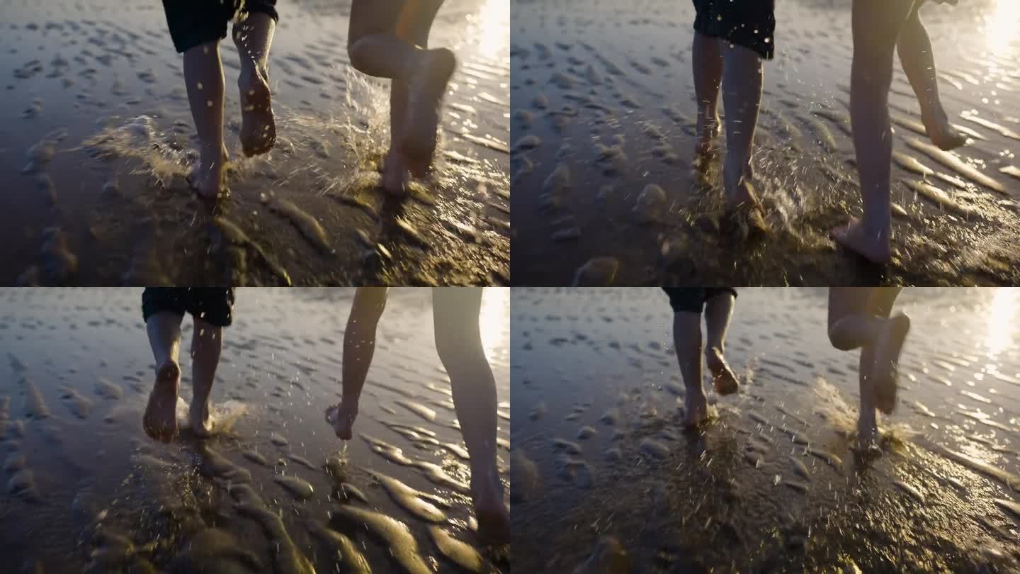 在水里奔跑在沙滩上柔软温暖的阳光
