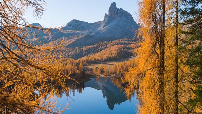 日出时雄伟的Federa湖，美丽的秋色