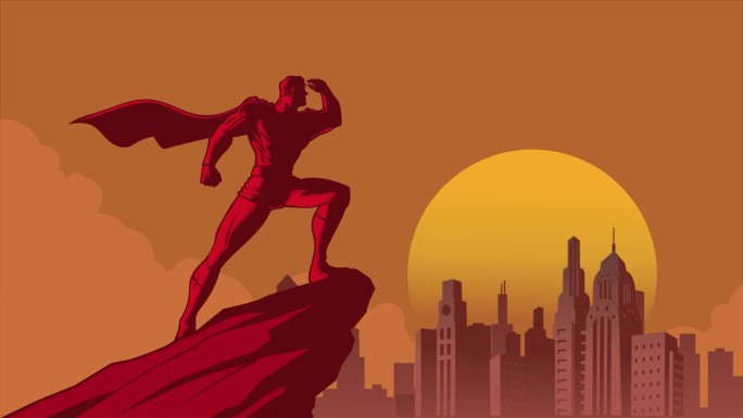 循环卡通超级英雄剪影看着远处的艺术装饰城动画股票视频