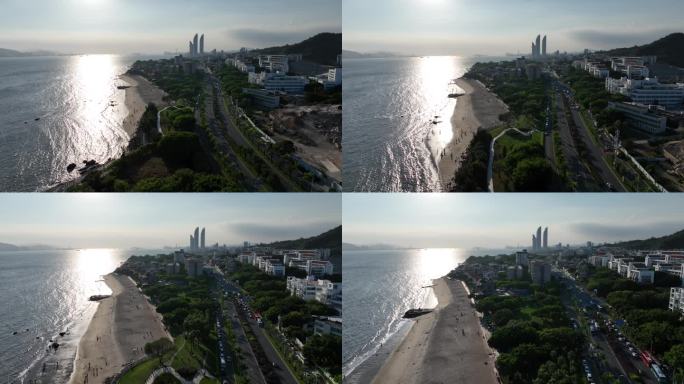 厦门海岸线风光航拍环岛路风景逆光城市阳光