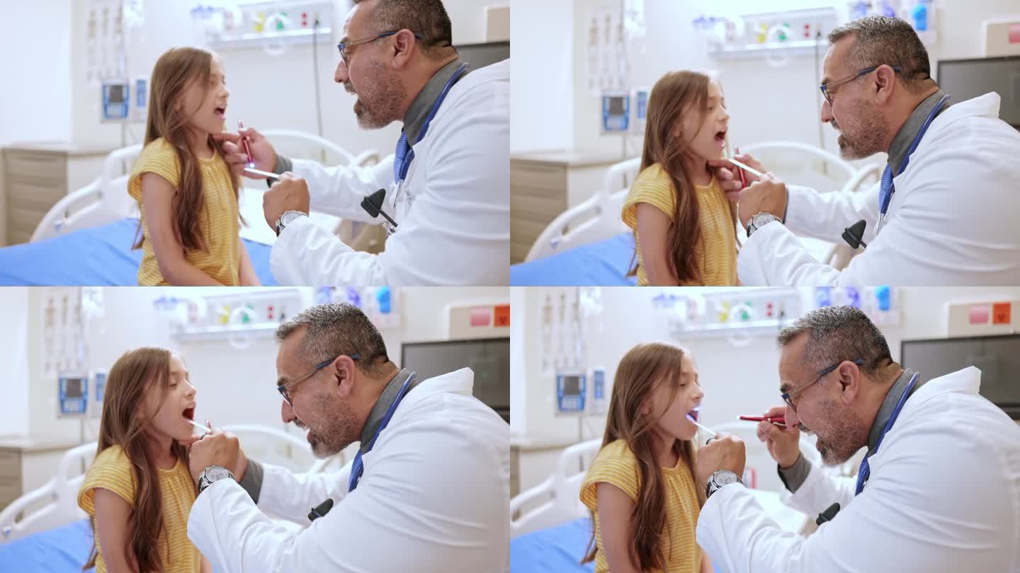 医生用压舌板和手电筒检查一个9岁女孩的口腔