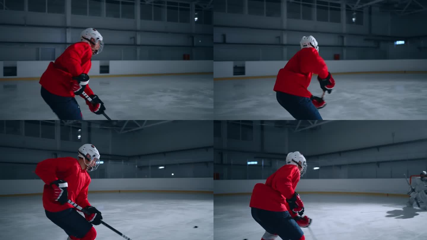 冰上曲棍球运动员在冰场上用冰球棍射击、击球和击打冰球，表现出令人印象深刻的技巧和准确性。运动员在电影