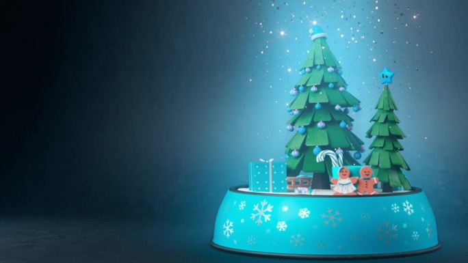 雪花玻璃球上的卡通圣诞树在转动