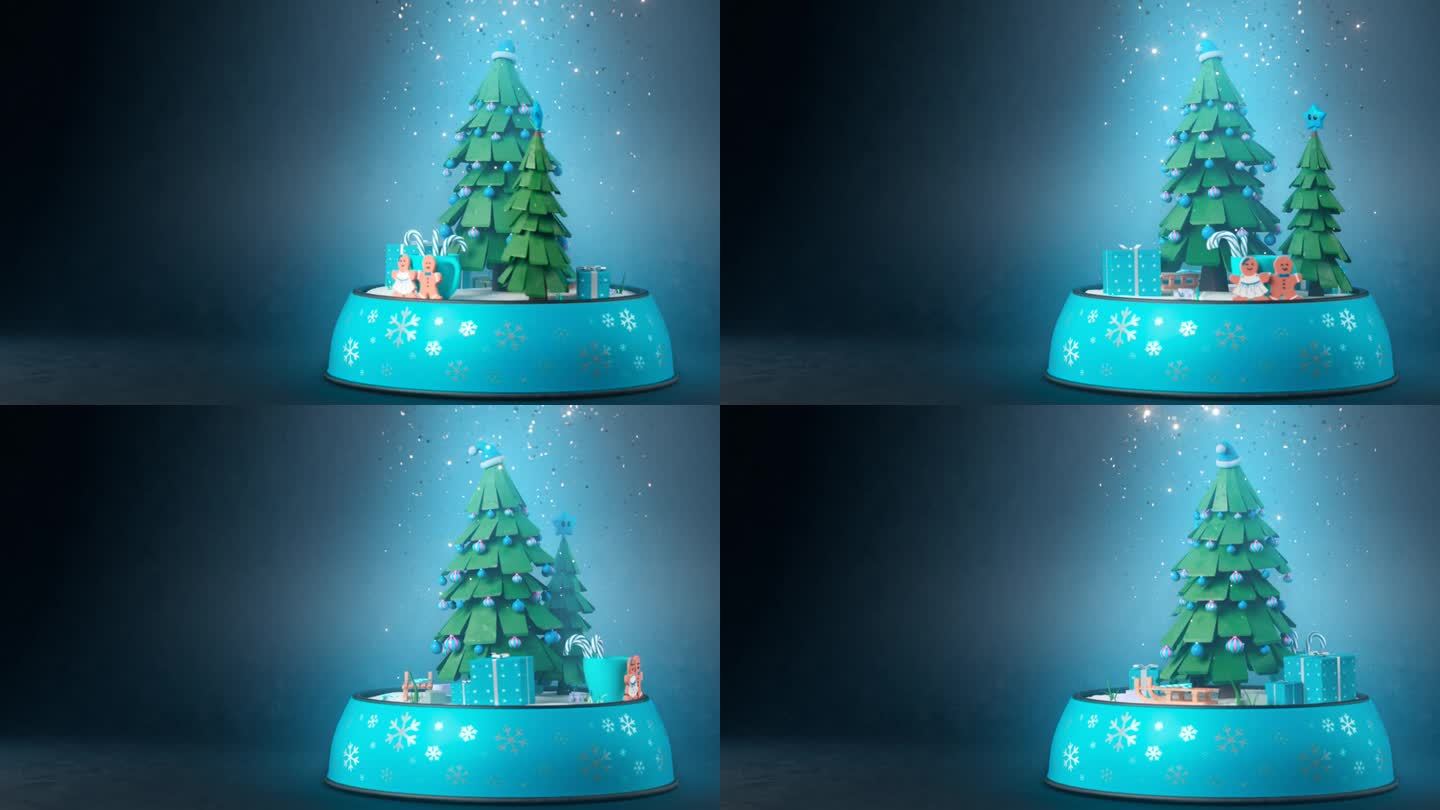 雪花玻璃球上的卡通圣诞树在转动