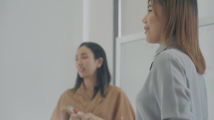 两个亚洲女性站在同事面前，在会议室展示新项目。