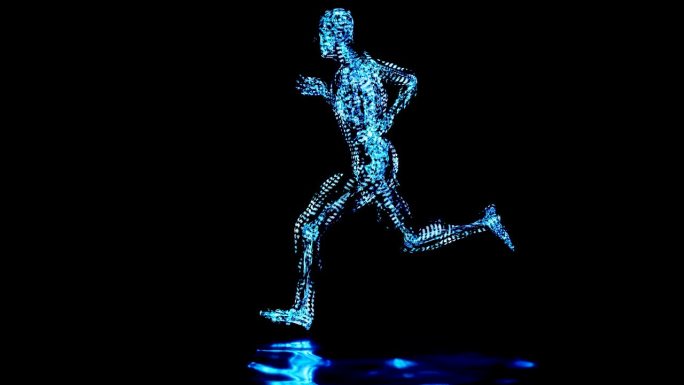 跑步人的骨骼系统，跑步时骨骼解剖，人体身体运动，慢跑者，跑步人，医学精准，健身，循环动画，3d渲染
