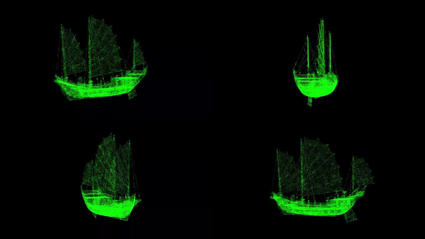 3D中国帆船在黑色背景上旋转。中国古代经典帆船。香港舢舨。木制的中国帆船。用于标题，文本，演示。3d