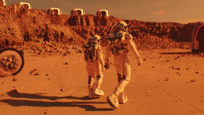 两名宇航员走向火星科学基地