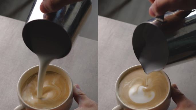 咖啡师制作的咖啡拉花，心形。在咖啡店做卡布奇诺