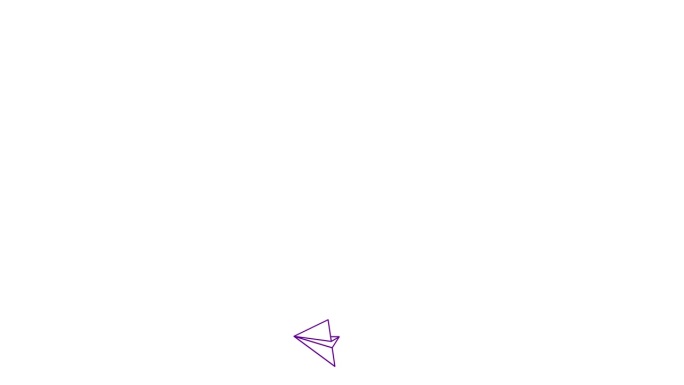动画紫色图标的纸飞机从中心飞行。线性符号。飞机旅行，商务，自由的概念。毛圈的视频。矢量插图孤立在一个