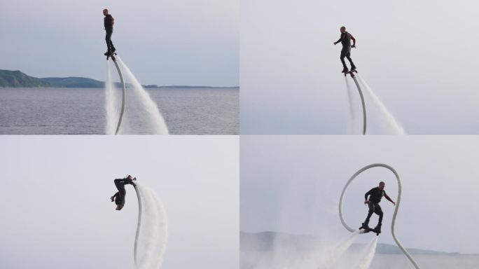 飞板是一项新的极限运动，一个快乐的男性飞板者在水面上飞行并表演技巧，在水面上创造一个壮观的活动展示