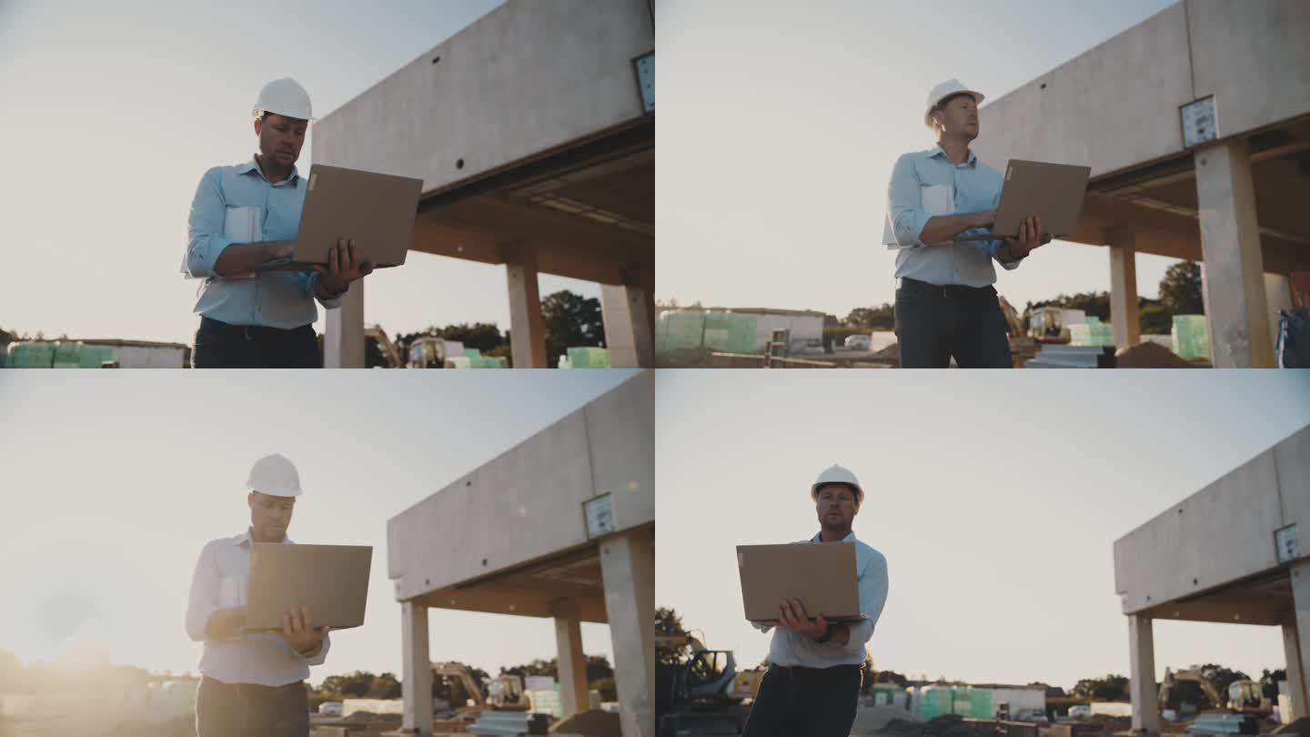 男工头带着笔记本电脑走在建筑工地外面